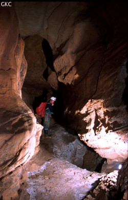 La galerie de la rizière (grotte de Laohuyandadong), à cet endroit s'ouvre le puits de 14 m donnant accès au réseau du stégodon dans lequel fut découvert la dent de stégodon ainsi que d'autres os toujours en place (Hongguo, district de Panxian, Guizhou).