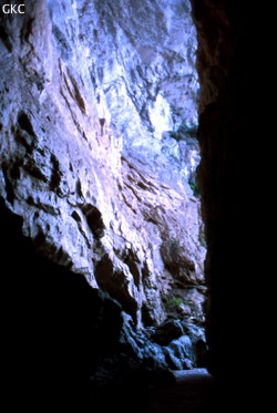 A contre jour la galerie d'entrée de la grotte-perte de Gesoluoshuidong 革索落水洞 (Panxian 盘县, Liupanshui Shi 六盘水市, Guizhou 贵州省, Chine)
