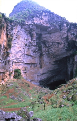 Le porche aval de la grotte de Baiyandong est un regard sur la Liuchehe souterraine (Pugu, district de Panxian, Guizhou).