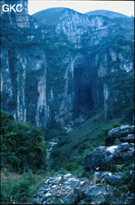 Le puits-doline de Dacaokou (le grand gouffre...  L : 900 m, l : 200 m, h : 150 à 300 m) est un des plus grand vide karstique de la planète, il représente l'entrée aval du réseau de Daxiaocaokou (2,9 km, -235) (Zhijin/Bijie/Guizhou).