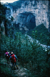 Le gigantesque pont naturel qui sépare les gouffres de Dacaokou (1er plan) et Xiaocaokou (au fond)- réseau de Daxiaocaokou (2,9 km, -235) (Zhijin/Bijie/Guizhou).