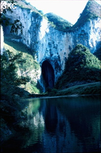 Superbe Porche d'entrée de la perte principale de la rivière Gebihe. Cônes au premier plan. Comté de Ziyun Guizhou