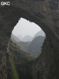 Dans la paroi est de l'énorme effondrement (un Tiankeng de pente dégénéré) de 200 m de diamètre, un gros porche perché forme un pont-naturel. Grotte de Dajing dong Qun 大井洞. (Dajing 大井, Qiannan 黔南, Luodian罗甸, Guizhou 贵州省, Chine)