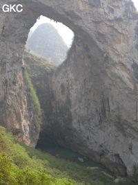 Dans la paroi est de l'énorme effondrement (un Tiankeng de pente dégénéré) de 200 m de diamètre, un gros porche perché forme un pont-naturel. Il domine plan d'eau regard sur la rivière souterraine. Grotte de Dajing dong Qun 大井洞. (Dajing 大井, Qiannan 黔南, Luodian罗甸, Guizhou 贵州省, Chine)