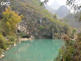 Le lac d'entrée de Dajing dong Qun 大井洞. Cette grosse résurgence, située sur le côté sud de l'anticlinal (EW) de Chachang, se développe dans les calcaires bioclastiques sparitiques grossiers gris en bancs épais du T2xm. Le long de la rivière souterraine se trouve une série d'effondrements. Le système hydrologique  aérien et hypogé a un gradient moyen de 0,87 %. Avec une percée de 15 km, sa dernière partie, souterraine, a un gradient moyen  de 2,6 %. La rivière principale s'étire sur  85 km et le bassin versant s'étend sur 950 km2. Le débit d'étiage de cette résurgence est de 1,843 m3/s, son débit moyen annuel de 12 m3/s . (Dajing 大井, Qiannan 黔南, Luodian罗甸, Guizhou 贵州省, Chine)