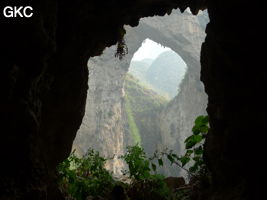 Dans la paroi est de l'énorme effondrement (un Tiankeng de pente dégénéré) de 200 m de diamètre, un gros porche perché forme un pont-naturel (vu depuis une des grottes abri de la paroi ouest) Grotte de Dajing dong Qun 大井洞. (Dajing 大井, Qiannan 黔南, Luodian罗甸, Guizhou 贵州省, Chine)