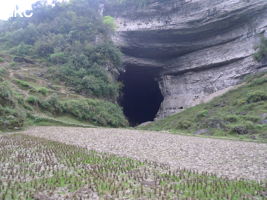 Le grand porche d'entrée de la grotte-perte de Xiadong 下洞 s'ouvre à l'extrémité d'une vallée aveugle cultivée (la gorge de Muzhutanggou) - réseau de Shuanghedong 双河洞 - (Wenquan, Suiyang 绥阳, Zunyi 遵义市, Guizhou 贵州省, Chine 中国).