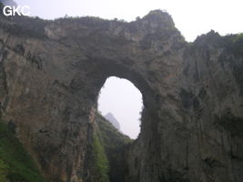 Dans la paroi est de l'énorme effondrement (un Tiankeng de pente dégénéré) de 200 m de diamètre, un gros porche perché forme un pont-naturel. Grotte de Dajing dong Qun 大井洞. (Dajing 大井, Qiannan 黔南, Luodian罗甸, Guizhou 贵州省, Chine)