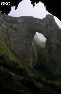 Dans la paroi est de l'énorme effondrement (un Tiankeng de pente dégénéré) de 200 m de diamètre, un gros porche perché forme un pont-naturel. Il domine plan d'eau regard sur la rivière souterraine. (vu d'une grotte abri de la paroi ouest). Grotte de Dajing dong Qun 大井洞. (Dajing 大井, Qiannan 黔南, Luodian罗甸, Guizhou 贵州省, Chine)