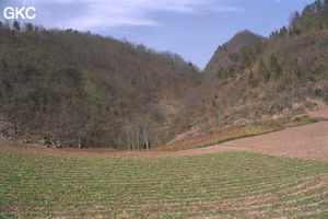 A gauche de la dépression la doline (au centre de la photo) dans le quel se trouvent les entrées de Tiankengcao 1 et 2 (Changpuxi, Wufeng, Hubei)