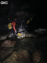 Progression dans la rivière de la Grotte de Longtanzishuidong 龙潭子水洞 (aval) - réseau de Shuanghedongqun 双河洞 - (Wenquan, Suiyang 绥阳, Zunyi Shi 遵义市, Guizhou 贵州省, Chine 中国)