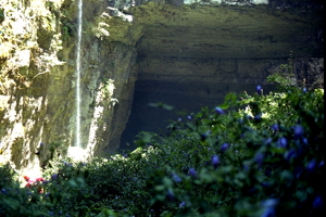 Robert Peyron dans la grande doline de Yuan Dong (accès majeur à la grotte de Fujia Dadong), après de forte pluie ce n'est pas moins de 6 cascades qui se jetaient dans la doline et dans le puits de 130. La présence d'un incroyable tapis de fleurs violettes, les cacades, les formes de la doline et des galeries forment un fabuleux tableau. (Xingchang-Liuzhi-Guizhou)