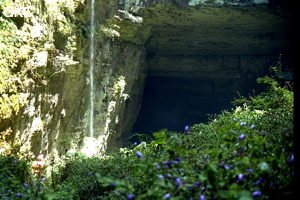 Robert Peyron dans la grande doline de Yuan Dong (accès majeur à la grotte de Fujia Dadong), après de forte pluie ce n'est pas moins de 6 cascades qui se jetaient dans la doline et dans le puits de 130. La présence d'un incroyable tapis de fleurs violettes, les cacades, les formes de la doline et des galeries forment un fabuleux tableau. (Xingchang-Liuzhi-Guizhou)