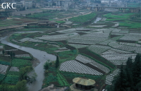 A la périphérie de Panxian, des terrasses étagées ont été aménagées dans le lit majeur, riche en alluvions. Les terres sont consacrées à la production de blé (à l’arrière plan à droite), de riz (terres labourées) et de légumes frais qui alimenteront les marchés de la ville. Les bâches plastiques destinées à rationaliser les productions ont fait récemment leur apparition.