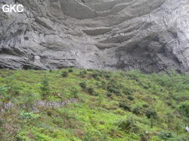 Le grand talus d'éboulis masque partiellement l'imposant porche d'entrée de Laoyingwodong - 老鹰窝洞 (Santang 三塘, Zhijin 织金, Bijie Diqu 毕节地区, Guizhou 贵州省, Chine)