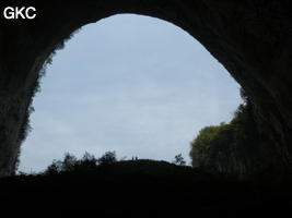 C'est de l'intérieur à contre jour que l'on prend conscience des dimensions exceptionnelles du porche d'entrée de la grotte de Laoyingwodong - 老鹰窝洞 (Santang 三塘, Zhijin 织金, Bijie Diqu 毕节地区, Guizhou 贵州省, Chine)