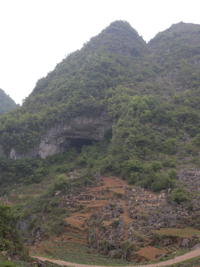 Entrée de la grotte de Houzidong 猴子洞 vue du nord-est (Santang 三塘, Zhijin 织金, Bijie Diqu 毕节地区, Guizhou 贵州省, Chine)