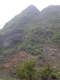 Entrée de la grotte de Houzidong 猴子洞 vue du nord-est (Santang 三塘, Zhijin 织金, Bijie Diqu 毕节地区, Guizhou 贵州省, Chine)