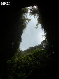 A contre-jour porche d'entrée de la Grotte de Pusadong 菩萨洞. (Pingtang 平塘, Qiannan 黔南, Guizhou 贵州省, Chine 中国)