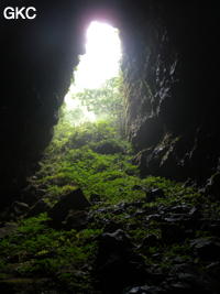 A contre-jour porche d'entrée de la Grotte de Pusadong 菩萨洞. (Pingtang 平塘, Qiannan 黔南, Guizhou 贵州省, Chine 中国)