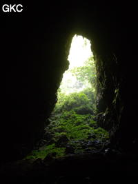 A contre-jour porche d'entrée de la Grotte de Pusadong 菩萨洞. (Pingtang 平塘, Qiannan 黔南, Guizhou 贵州省, Chine 中国)