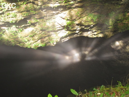 Rayons de soleil dans le puits d'entrée de 175 m de la grotte de Yanwangdong (Grotte du roi des fantômes) 阎王洞 (Guizhou 贵州省, Qiannan 黔南, Pingtang 平塘).