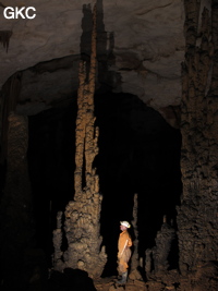 Stalagmites et colonnes dans la grotte de Shuidong 水洞  (Qiannan 黔南, Pingtang 平塘, Guizhou 贵州省, Chine).