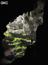 A contre-jour la galerie de l'entrée supérieure de la grotte de Shuidong 水洞  (Qiannan 黔南, Pingtang 平塘, Guizhou 贵州省, Chine).