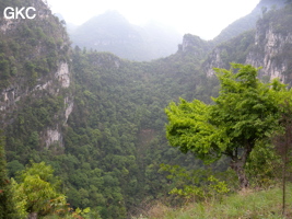 La grande doline de XIwotuo 细窝坨 (vu depuis son bord nord) (Guizhou 贵州省, Qiannan 黔南, Pingtang 平塘).