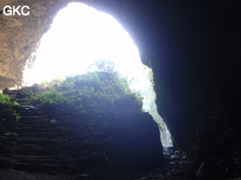 A contre-jour le porche d'entrée de la Grotte de Shanwangdong 山王洞 - réseau de Shuanghedongqun 双河洞 - (Suiyang 绥阳, Zunyi Shi 遵义市, Guizhou 贵州省, Chine 中国)