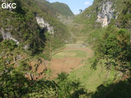 Vu de l'Est, à gauche, l'entrée inférieure de la grotte de Shuidong 水洞 (Qiannan 黔南, Pingtang 平塘, Guizhou 贵州省, Chine).