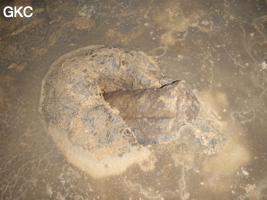 Vieux cratère d'impact de chute de concrétion dans le sol argileux de la grotte de Shuidong 水洞 (Qiannan 黔南, Pingtang 平塘, Guizhou 贵州省, Chine).