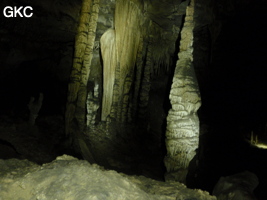 Disque et salagmites dans la grotte de Shuidong 水洞 (Qiannan 黔南, Pingtang 平塘, Guizhou 贵州省, Chine).