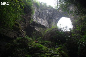 Le pont naturel de l'arche du dragon au pied de laquelle s'ouvre Longqiaogedong 龙桥阁洞 (Grotte de la pagode de l'arche du dragon) 龙桥阁洞 une entrée du réseau de Longnudong 龙女洞. (Shipin, Zheng'an 正安, Zunyi Shi 遵义市, Guizhou 贵州省, Chine 中国)