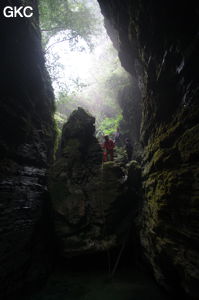 Ressaut dans le canyon d'entrée de Longqiaogedong 龙桥阁洞 (Grotte de la pagode de l'arche du dragon) 龙桥阁洞 une entrée du réseau de Longnudong 龙女洞. (Shipin, Zheng'an 正安, Zunyi Shi 遵义市, Guizhou 贵州省, Chine 中国)