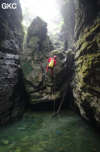 Ressaut dans le canyon d'entrée de Longqiaogedong 龙桥阁洞 (Grotte de la pagode de l'arche du dragon) 龙桥阁洞 une entrée du réseau de Longnudong 龙女洞. (Shipin, Zheng'an 正安, Zunyi Shi 遵义市, Guizhou 贵州省, Chine 中国)