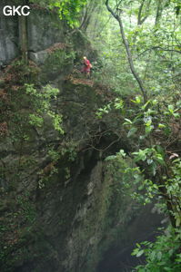 Pont rocheux en haut du puits d'entrée de 175 m de la grotte de Yanwangdong (Grotte du roi des fantômes) 阎王洞 (Guizhou 贵州省, Qiannan 黔南, Pingtang 平塘).