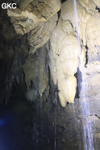 Stalactites, coulée et arrivée d'eau dans la Grotte de Dafengdong 大风洞 - réseau de Shuanghedongqun 双河洞 - (Suiyang 绥阳,  Zunyi Shi 遵义市, Guizhou 贵州省)