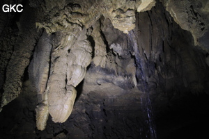 Stalactites, coulée et arrivée d'eau dans la Grotte de Dafengdong 大风洞 - réseau de Shuanghedongqun 双河洞 - (Suiyang 绥阳,  Zunyi Shi 遵义市, Guizhou 贵州省)