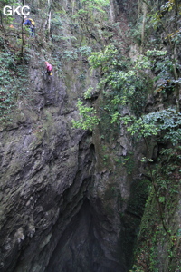 Equipement du puits d'entrée de 175 m de la grotte de Yanwangdong (Grotte du roi des fantômes) 阎王洞 (Guizhou 贵州省, Qiannan 黔南, Pingtang 平塘).