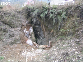 L'entrée de Shimenkandong  石门坎洞 (Grotte de la porte de pierre) est un puits qui s'ouvre juste au bord de la route au col. (district autonome Miao de Songtao 松桃苗族自治县, Tongren, Guizhou)
