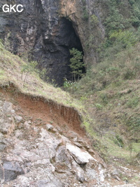 Le porche d'entrée de la grotte résurgence de Dadong 大洞 (hauteur 25 m largeur 12m) est visible de la route. (Wuluo, district autonome Miao de Songtao 松桃苗族自治县, Tongren, Guizhou)
