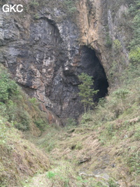 Le porche d'entrée de la grotte résurgence de Dadong 大洞 (hauteur 25 m largeur 12m) est visible de la route. (Wuluo, district autonome Miao de Songtao 松桃苗族自治县, Tongren, Guizhou)