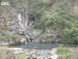 Une grande vasque suit immédiatement la sortie du petit canyon où s'ouvre la résurgence murée de  Longtanzi dong 龙塘子洞 (à gauche). (Banzhu, Zheng'an 正安, Zunyi, Guizhou)