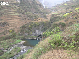 Une grande vasque suit immédiatement la sortie du petit canyon où s'ouvre la résurgence murée de  Longtanzi dong 龙塘子洞 (à gauche). (Banzhu, Zheng'an 正安, Zunyi, Guizhou)