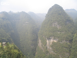 Dans le réseau de Shuanghedongqun, Pitons qui surplombent l'entrée amont (résurgence) de Longtanzishuidong 龙潭子水洞 dans le fond de la doline de Longtanzi. (Wenquan, Suiyang, Zunyi, Guizhou) 