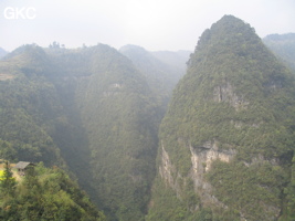 Dans le réseau de Shuanghedongqun, Pitons qui surplombent l'entrée amont (résurgence) de Longtanzishuidong 龙潭子水洞 dans le fond de la doline de Longtanzi. (Wenquan, Suiyang, Zunyi, Guizhou) 