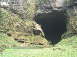 Dans le réseau de Shuanghedongqun, l'entrée amont (résurgence) de Longtanzishuidong 龙潭子水洞 dans le fond de la doline de Longtanzi. (Wenquan, Suiyang, Zunyi, Guizhou)