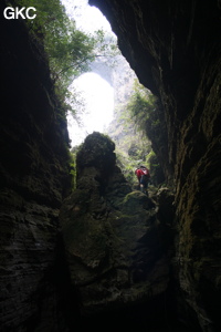 Franchissement d'un ressaut dans le court canyon situé entre l'arche et l'entrée actuelle de la grotte de Longqiaogedong (Grotte de la pagode de l'arche du dragon) 龙桥阁洞,  réseau de Longnudong 龙女洞. (Shipin, Zheng'an 正安, Zunyi Shi 遵义市, Guizhou 贵州省, Chine 中国)