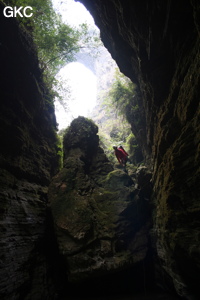 Franchissement d'un ressaut dans le court canyon situé entre l'arche et l'entrée actuelle de la grotte de Longqiaogedong (Grotte de la pagode de l'arche du dragon) 龙桥阁洞,  réseau de Longnudong 龙女洞. (Shipin, Zheng'an 正安, Zunyi Shi 遵义市, Guizhou 贵州省, Chine 中国)